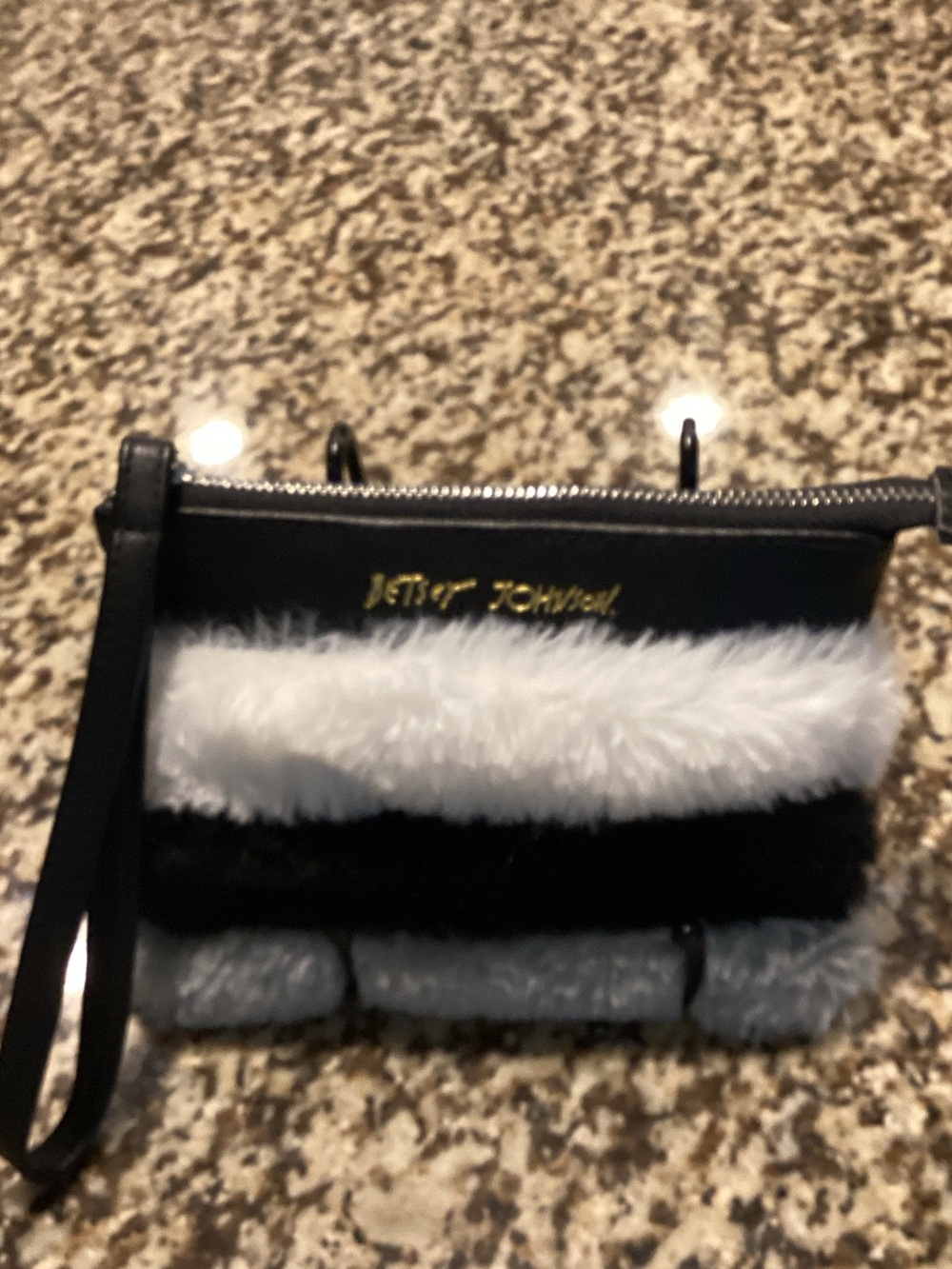Betsey Johnson Black, White & Gray Faux Fur Stripe Wristlet